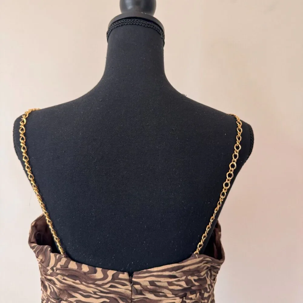 Niteline Brown & Tan Zebra Print Ruched Midi Dress Gold Chain Straps Size 12